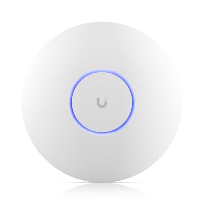 Ubiquiti U7 Pro Vista del producto Ubiquiti U7 Pro con velocidad de hasta 5800 Mbit/s en color blanco y soporte para Energía sobre Ethernet (PoE), SKU U7-PRO