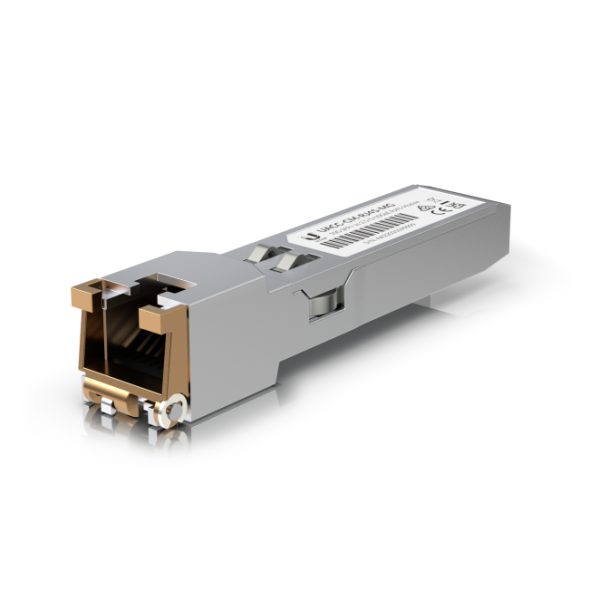 Imagen del transceptor de cobre Ubiquiti UACC-CM-RJ45-MG, un módulo transceptor SFP+ con velocidad de 10000 Mbit/s. SKU: UACC-CM-RJ45-MG.