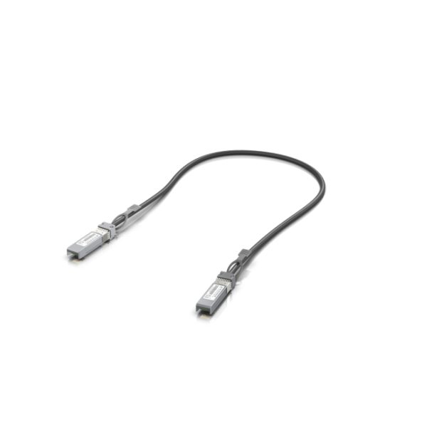 Cable de fibra óptica e InfiniBand Ubiquiti de 0,5 metros en color negro, SKU UACC-DAC-SFP28-0.5M, ideal para centro de datos y conexiones de alta velocidad.