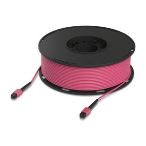 Cable de fibra óptica Ubiquiti UACC-OFC-MA-MPMP-100M, 100 metros, con conectores MPO/UPC rosa, ideal para InfiniBand y centros de datos.