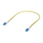 Imagen del Ubiquiti UACC-OFC-S2-LULU-0.5M, cable de fibra óptica e InfiniBand de 0.5 metros, conectores LC a LC en color amarillo.