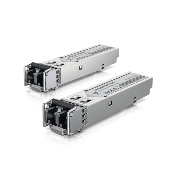 Imagen del módulo transceptor de fibra óptica Ubiquiti UACC-OM-MM-1G-D-2 con velocidad de 1250 Mbit/s y formato SFP