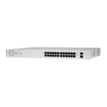 Imagen del Ubiquiti UniFi US-24-250W, un switch gestionado de 24 puertos Gigabit Ethernet con energía sobre Ethernet y formato de 1U en color plata.