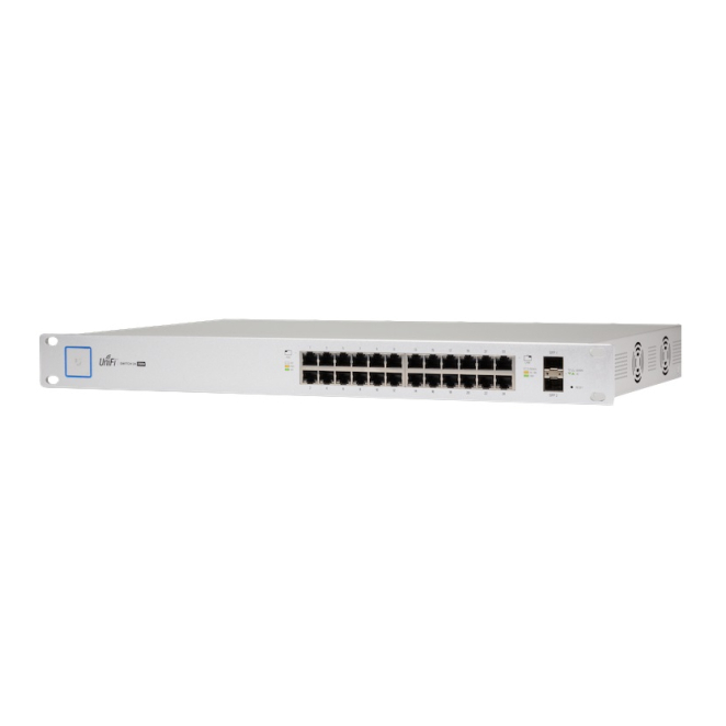 Ubiquiti UniFi Switch Gestionado 24 Puertos con PoE Imagen del Ubiquiti UniFi US-24-250W, un switch gestionado de 24 puertos Gigabit Ethernet con energía sobre Ethernet y formato de 1U en color plata.