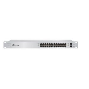 Imagen del Ubiquiti UniFi US-24-500W, un switch gestionado Gigabit Ethernet (10/100/1000) con energía sobre Ethernet (PoE) y tamaño 1U en color plata. SKU US-24-500W