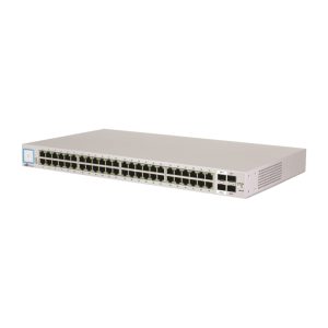 Imagen del switch gestionado Ubiquiti UniFi US-48-500W con 48 puertos Gigabit Ethernet 10/100/1000, soporte de energía sobre Ethernet (PoE) y diseño en color plata. SKU: US-48-500W