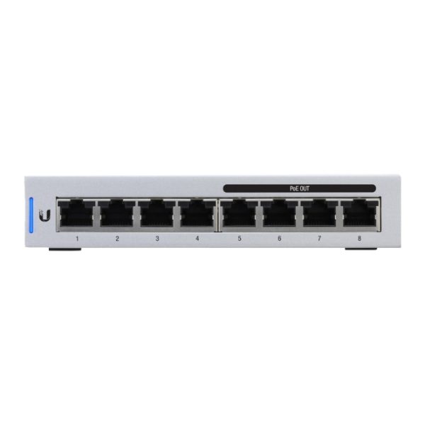 Imagen del switch Ubiquiti UniFi Switch 8 Gestionado con Gigabit Ethernet (10/100/1000) y Energía sobre Ethernet (PoE), SKU US-8-60W. Color gris.