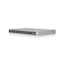 Imagen del switch gestionado Ubiquiti UniFi modelo USW-48-PoE. Tiene 48 puertos L2 Gigabit Ethernet (10/100/1000) con soporte para Energía sobre Ethernet (PoE) y ocupa 1U en rack de acero inoxidable.
