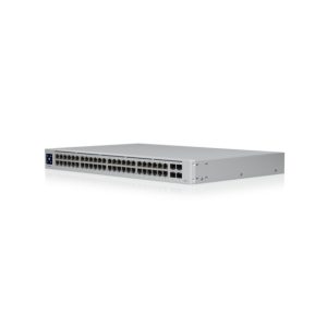 Imagen del switch gestionado Ubiquiti UniFi modelo USW-48-PoE. Tiene 48 puertos L2 Gigabit Ethernet (10/100/1000) con soporte para Energía sobre Ethernet (PoE) y ocupa 1U en rack de acero inoxidable.