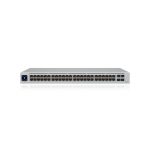 Imagen del switch gestionado Ubiquiti UniFi modelo USW-48-PoE. Tiene 48 puertos L2 Gigabit Ethernet (10/100/1000) con soporte para Energía sobre Ethernet (PoE) y ocupa 1U en rack de acero inoxidable.
