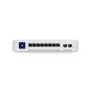 Vista del switch Ubiquiti UniFi Enterprise 8 PoE Gestionado L3 con 2.5G Ethernet y acero inoxidable, SKU USW-ENTERPRISE-8-POE