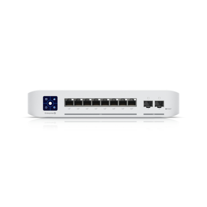 Ubiquiti UniFi Enterprise 8 PoE Gestionado con 2.5G Ethernet Vista del switch Ubiquiti UniFi Enterprise 8 PoE Gestionado L3 con 2.5G Ethernet y acero inoxidable, SKU USW-ENTERPRISE-8-POE