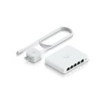 Imagen del switch Ubiquiti UniFi Flex Mini 2.5G, gestionado, con Ethernet 100/1000/2500 y energía sobre Ethernet, modelo USW-FLEX-2.5G-5 en color blanco.