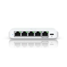 Imagen del switch Ubiquiti UniFi Flex Mini 2.5G, gestionado, con Ethernet 100/1000/2500 y energía sobre Ethernet, modelo USW-FLEX-2.5G-5 en color blanco.