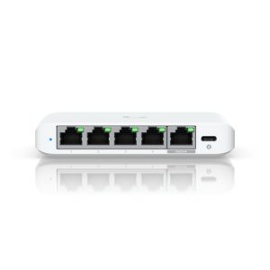 Imagen del switch Ubiquiti UniFi Flex Mini 2.5G, gestionado, con Ethernet 100/1000/2500 y energía sobre Ethernet, modelo USW-FLEX-2.5G-5 en color blanco.