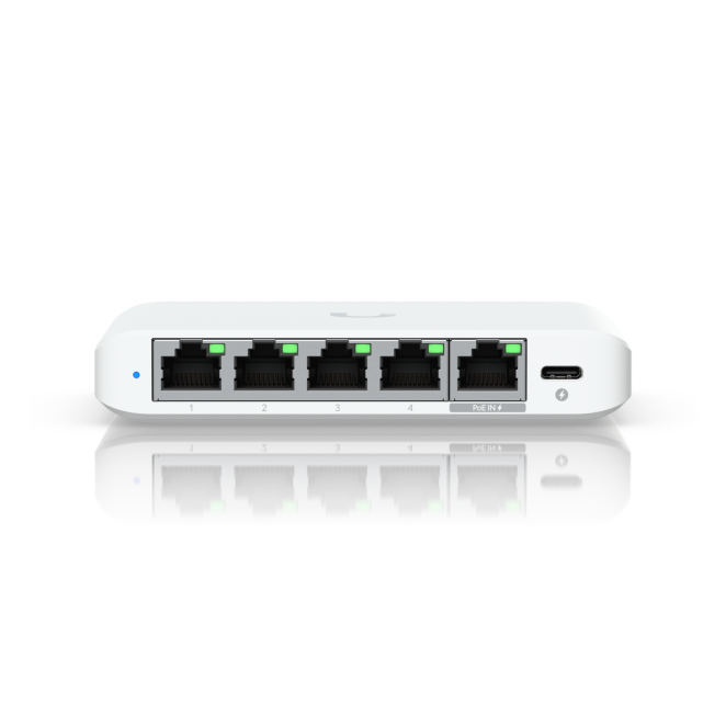 Ubiquiti UniFi Flex Mini Switch Gestionado 2.5G con PoE Imagen del switch Ubiquiti UniFi Flex Mini 2.5G, gestionado, con Ethernet 100/1000/2500 y energía sobre Ethernet, modelo USW-FLEX-2.5G-5 en color blanco.
