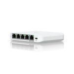 Imagen del switch Ubiquiti UniFi Flex Mini 2.5G, gestionado, con Ethernet 100/1000/2500 y energía sobre Ethernet, modelo USW-FLEX-2.5G-5 en color blanco.