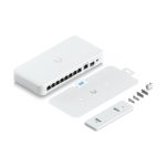 Switch Ubiquiti UniFi Flex gestionado L2 con capacidad de 2.5G Ethernet, 100/1000/2500 velocidades, compatible con PoE, SKU USW-Flex-2.5G-8-PoE, color blanco, para montaje en pared o escritorio.