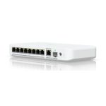 Switch Ubiquiti UniFi Flex gestionado L2 con capacidad de 2.5G Ethernet, 100/1000/2500 velocidades, compatible con PoE, SKU USW-Flex-2.5G-8-PoE, color blanco, para montaje en pared o escritorio.