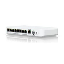 Switch Ubiquiti UniFi Flex gestionado L2 con capacidad de 2.5G Ethernet, 100/1000/2500 velocidades, compatible con PoE, SKU USW-Flex-2.5G-8-PoE, color blanco, para montaje en pared o escritorio.