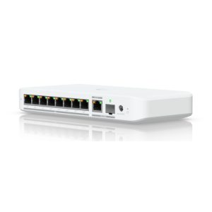 Switch Ubiquiti UniFi Flex gestionado L2 con capacidad de 2.5G Ethernet, 100/1000/2500 velocidades, compatible con PoE, SKU USW-Flex-2.5G-8-PoE, color blanco, para montaje en pared o escritorio.
