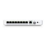 Switch Ubiquiti UniFi Flex gestionado L2 con capacidad de 2.5G Ethernet, 100/1000/2500 velocidades, compatible con PoE, SKU USW-Flex-2.5G-8-PoE, color blanco, para montaje en pared o escritorio.