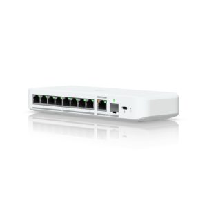 Switch Ubiquiti UniFi Flex 2.5G gestionado L2 con soporte para Ethernet 100/1000/2500 y Energía sobre Ethernet (PoE), SKU USW-Flex-2.5G-8, color blanco, ideal para montaje en pared o escritorio.