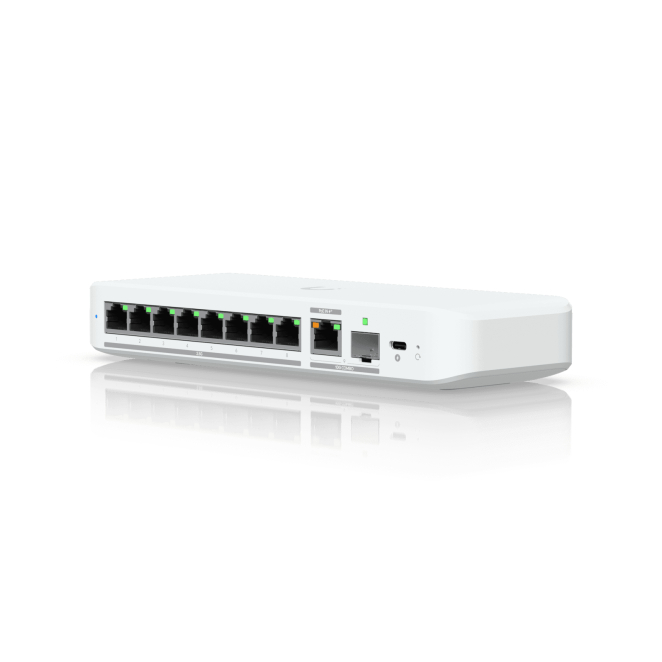 Ubiquiti UniFi Flex Switch 2.5G con PoE y montaje versátil Switch Ubiquiti UniFi Flex 2.5G gestionado L2 con soporte para Ethernet 100/1000/2500 y Energía sobre Ethernet (PoE), SKU USW-Flex-2.5G-8, color blanco, ideal para montaje en pared o escritorio.