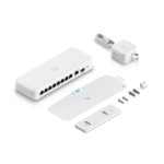 Switch Ubiquiti UniFi Flex 2.5G gestionado L2 con soporte para Ethernet 100/1000/2500 y Energía sobre Ethernet (PoE), SKU USW-Flex-2.5G-8, color blanco, ideal para montaje en pared o escritorio.