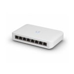 Imagen del Ubiquiti UniFi Switch Lite 8 PoE gestionado L2 con puertos Gigabit Ethernet y energía sobre Ethernet (PoE), modelo en color blanco con SKU: USW-LITE-8-POE