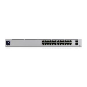 Imagen del Switch Ubiquiti UniFi Pro con 24 puertos PoE, gestión L2/L3, Gigabit Ethernet, metálico plateado, SKU USW-PRO-24-POE