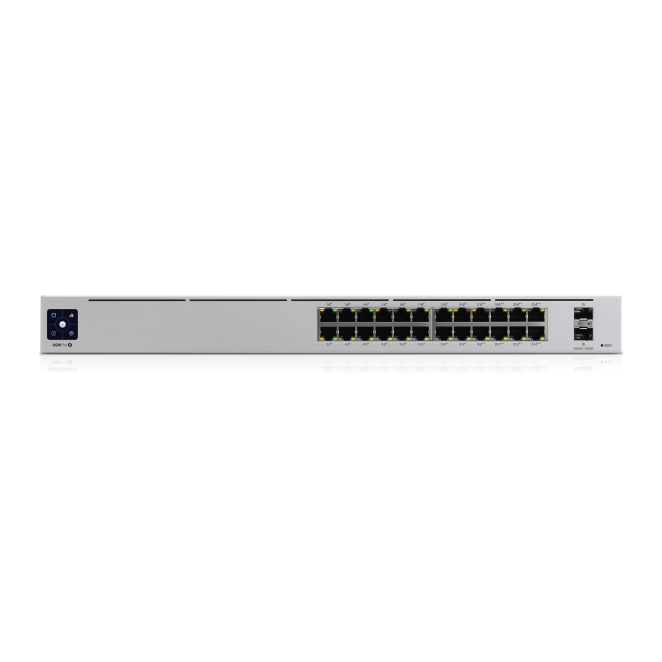 Ubiquiti Switch UniFi Pro 24-Port PoE L2/L3 Gigabit Gestión Avanzada Imagen del Switch Ubiquiti UniFi Pro con 24 puertos PoE, gestión L2/L3, Gigabit Ethernet, metálico plateado, SKU USW-PRO-24-POE