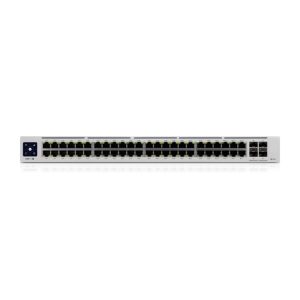 Switch Ubiquiti UniFi Pro modelo USW-Pro-48-POE, gestionado L2/L3, 48 puertos Gigabit Ethernet (10/100/1000) con energía sobre Ethernet en carcasa de 1U color plata. SKU: USW-Pro-48-POE