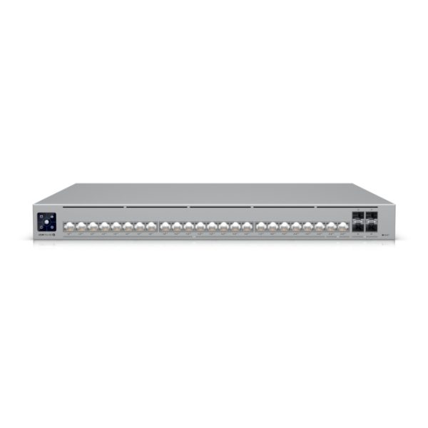 Imagen del switch Ubiquiti UniFi Pro HD 24 PoE gestionado L2/L3 con 2.5G Ethernet, tecnología PoE y 1U en color gris. SKU: USW-PRO-HD-24-POE