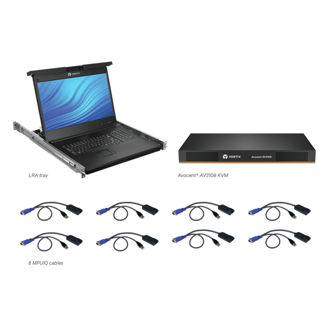 Vertiv Avocent Consola LCD de acceso directo al rack con KVM y teclado USB Vertiv Avocent Consola LCD de acceso directo al rack de 19 pulgadas con conmutador KVM AutoView 2108 de 8 puertos, teclado USB y cables incluidos. SKU: LRA185KMM8D-001