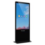 Vista lateral derecha de la pantalla táctil negra Viewsonic EP5542T de 55 pulgadas 4K Ultra HD, con un diseño de tótem y brillo de 450 cd/m²