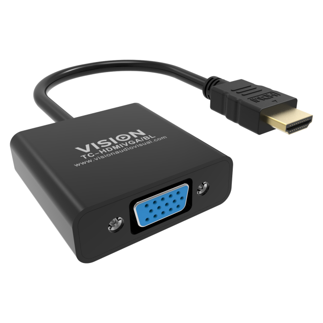 Vision adaptador de cable de vídeo HDMI a VGA 0.23m negro Imagen del adaptador de cable de vídeo Vision modelo TC-HDMIVGA/BL que convierte de HDMI a VGA, mide 0.23 metros y es de color negro.