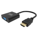 Imagen del adaptador de cable de vídeo Vision modelo TC-HDMIVGA/BL que convierte de HDMI a VGA, mide 0.23 metros y es de color negro.
