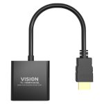 Imagen del adaptador de cable de vídeo Vision modelo TC-HDMIVGA/BL que convierte de HDMI a VGA, mide 0.23 metros y es de color negro.