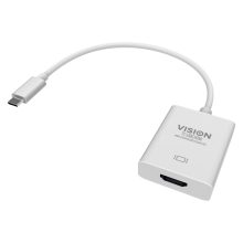 Adaptador gráfico Vision modelo TC-USBCHDMI con conexiones USB y HDMI, resolución hasta 3840 x 2160 píxeles, color blanco.