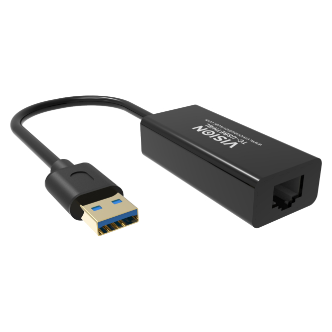 Vision TC-USBETH/BL adaptador y tarjeta de red Ethernet 3 Adaptador Vision TC-USBETH/BL en uso con laptop