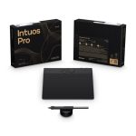 Tableta digitalizadora Wacom Intuos Pro Small en color negro, medidas 187 x 105 mm, conectividad USB y Bluetooth. SKU: PTK470K0B