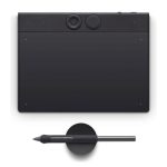 Tableta digitalizadora Wacom Intuos Pro Small en color negro, medidas 187 x 105 mm, conectividad USB y Bluetooth. SKU: PTK470K0B