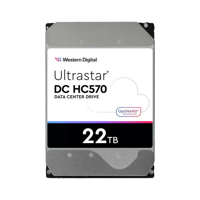 Western Digital Ultrastar DC HC570 disco duro 22 TB alta capacidad Imagen del disco duro Western Digital Ultrastar DC HC570 con 22 TB de capacidad, 7200 RPM, 512 MB de caché y formato 3.5 pulgadas, SKU 0F48155