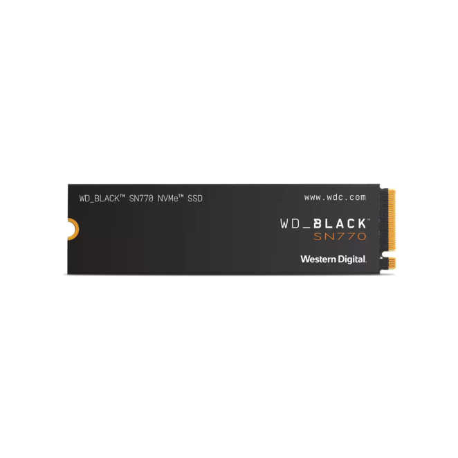 Western Digital Black SN770 1 TB M.2 con PCI Express 4.0 de alto rendimiento Western Digital Black SN770 de 1 TB, interfaz M.2 PCI Express 4.0 NVMe, SKU WDS100T3X0E, detallado acercamiento del disco con su embalaje.