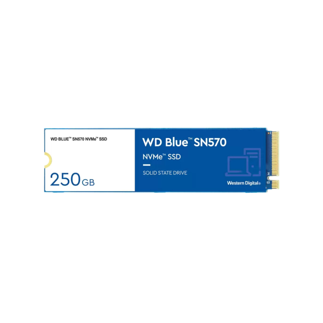Western Digital SSD M.2 NVMe 250GB Alta Velocidad Disco duro sólido Western Digital WD Blue SN570 de 250 GB en formato M.2 con interfaz PCI Express 3.0 y tecnología NVMe, SKU WDS250G3B0C