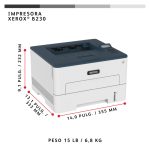 Vista frontal de la impresora Xerox B230 A4, cuenta con impresión a doble cara, 34 páginas por minuto, compatible con PCL5e/6, y capacidad de 2 bandejas para un total de 251 hojas. SKU: B230V_DNI.