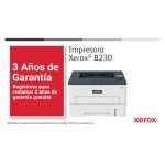 Vista frontal de la impresora Xerox B230 A4, cuenta con impresión a doble cara, 34 páginas por minuto, compatible con PCL5e/6, y capacidad de 2 bandejas para un total de 251 hojas. SKU: B230V_DNI.