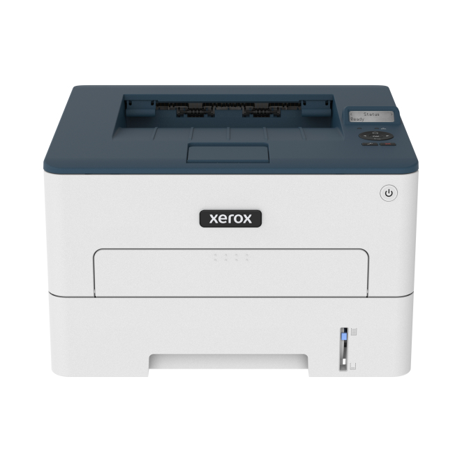 Xerox B230 Impresora inalámbrica a doble cara con 34 ppm Vista frontal de la impresora Xerox B230 A4, cuenta con impresión a doble cara, 34 páginas por minuto, compatible con PCL5e/6, y capacidad de 2 bandejas para un total de 251 hojas. SKU: B230V_DNI.