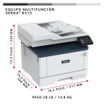 Impresora multifunción inalámbrica Xerox B315, capaz de imprimir 40 páginas por minuto, con capacidad de doble cara, funciones de copia, impresión, escaneo y fax, soporta PS3 y PCL5e/6, incluye 2 bandejas con capacidad para 350 hojas. SKU: B315V_DNI.